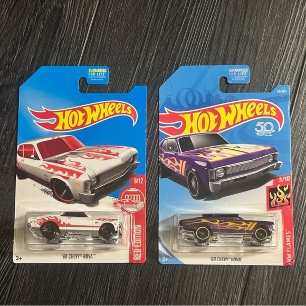 Hot Wheels 68 Chevy Nova Set of 2, Flames, Red Edition Card Wear